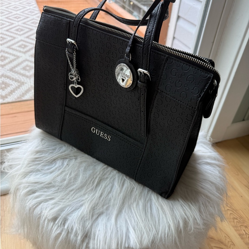 GUESS Embossed Black Handbag with Heart Charm